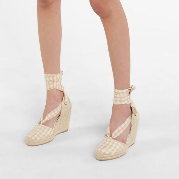Altuzarra Stevie Checked Espadrille Wedges Gingham‎ Wrap Tie High Heel Size 6.5 - Picture 2 of 16